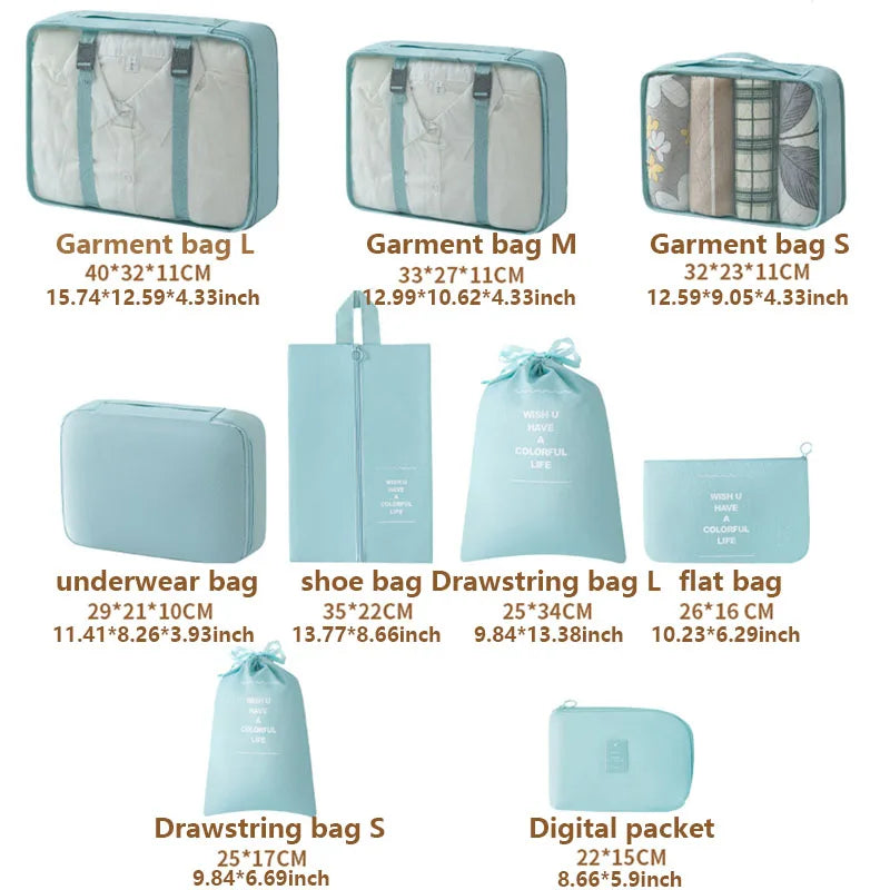 A set of nine portable mesh storage organizers including garment bags, underwear bag, shoe bag, and digital packet in light b
