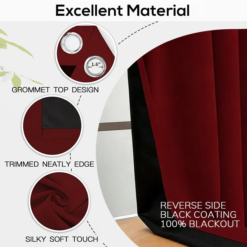 Close-up view of a maroon and black blackout curtain fabric showing details like grommet design, trimmed edges, and silky sof