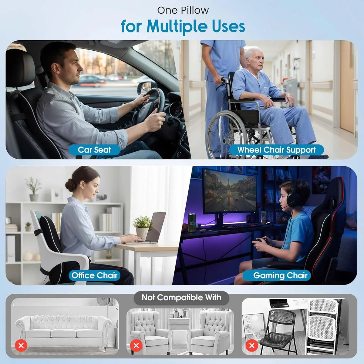 A memory foam lumbar support pillow with non-slip backing shown in various uses including car seats, wheelchair support, and 