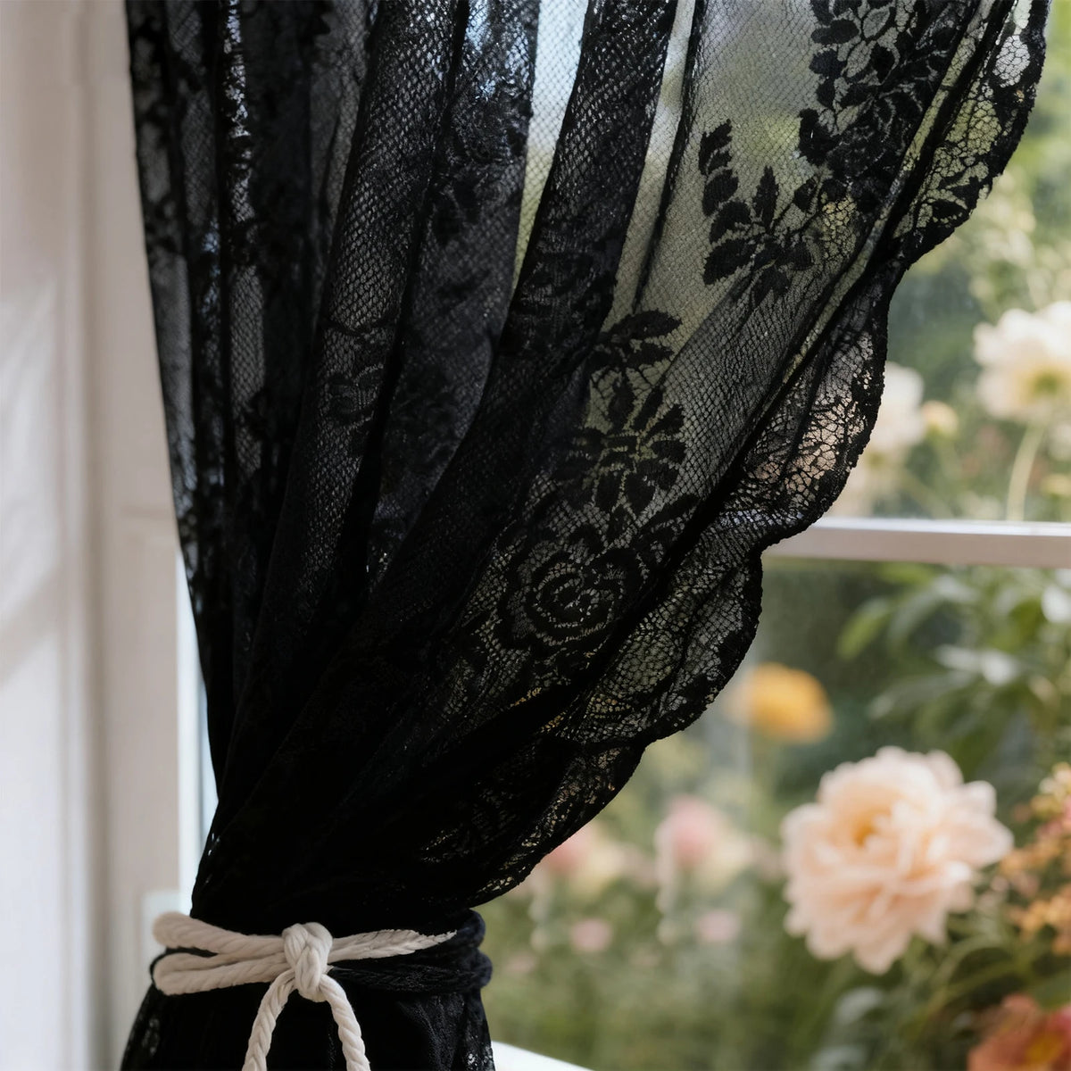 Black vintage floral lace curtains tied with a natural twine bow, hanging in a bright window.