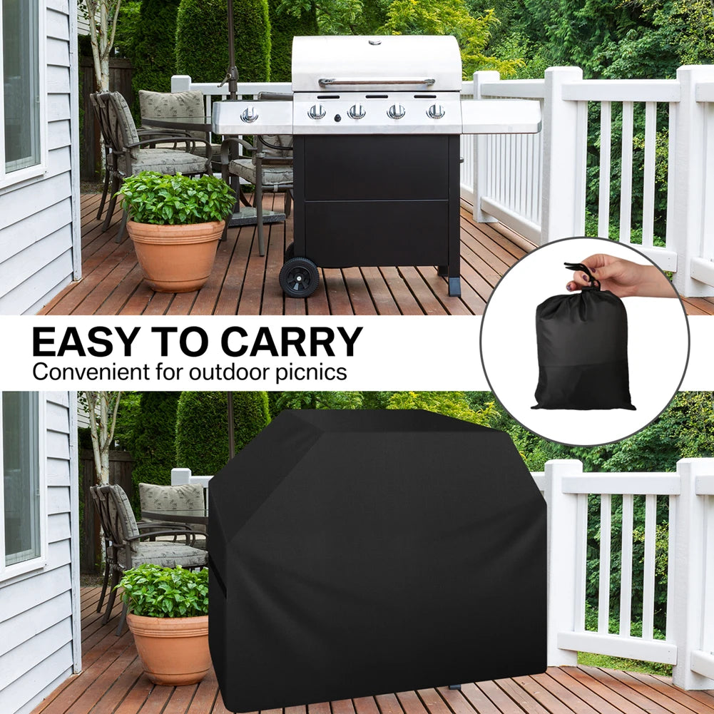 A black waterproof BBQ grill cover is shown next to a gas grill on a wooden deck.