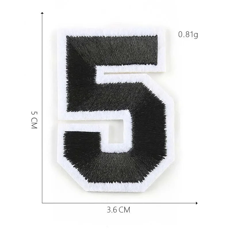 A black embroidered number 5 patch with white stitching, measuring 5 cm high and 3.6 cm wide.