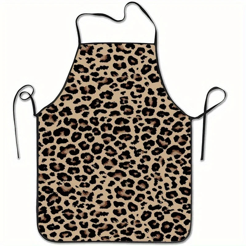 A sleeveless leopard print kitchen apron with black straps.