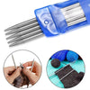 A set of stainless steel double-pointed knitting needles is shown alongside a small knitted item.