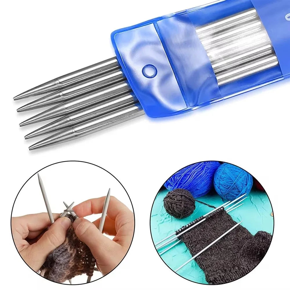 A set of stainless steel double-pointed knitting needles is shown alongside a small knitted item.