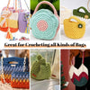 A collection of crocheted bags in various colors and textures made from thick polyester blended yarn.