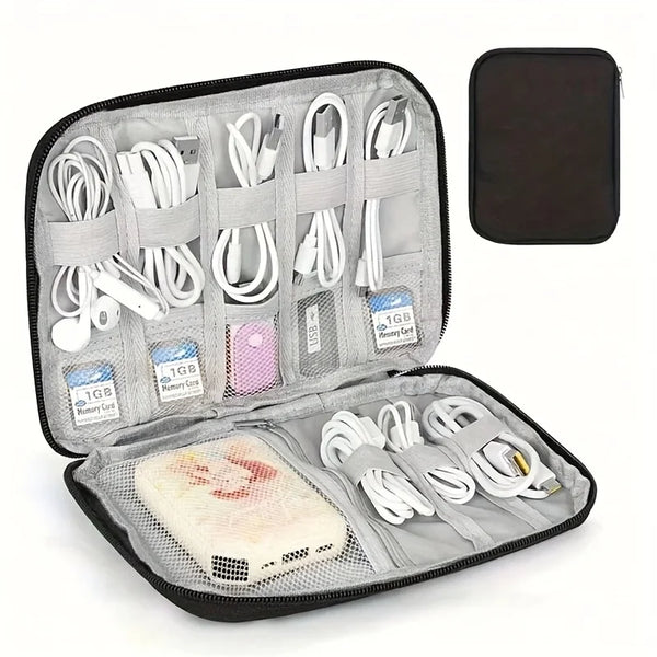 A portable multi-pocket cable organizer case with various white and gray cables and accessories inside.