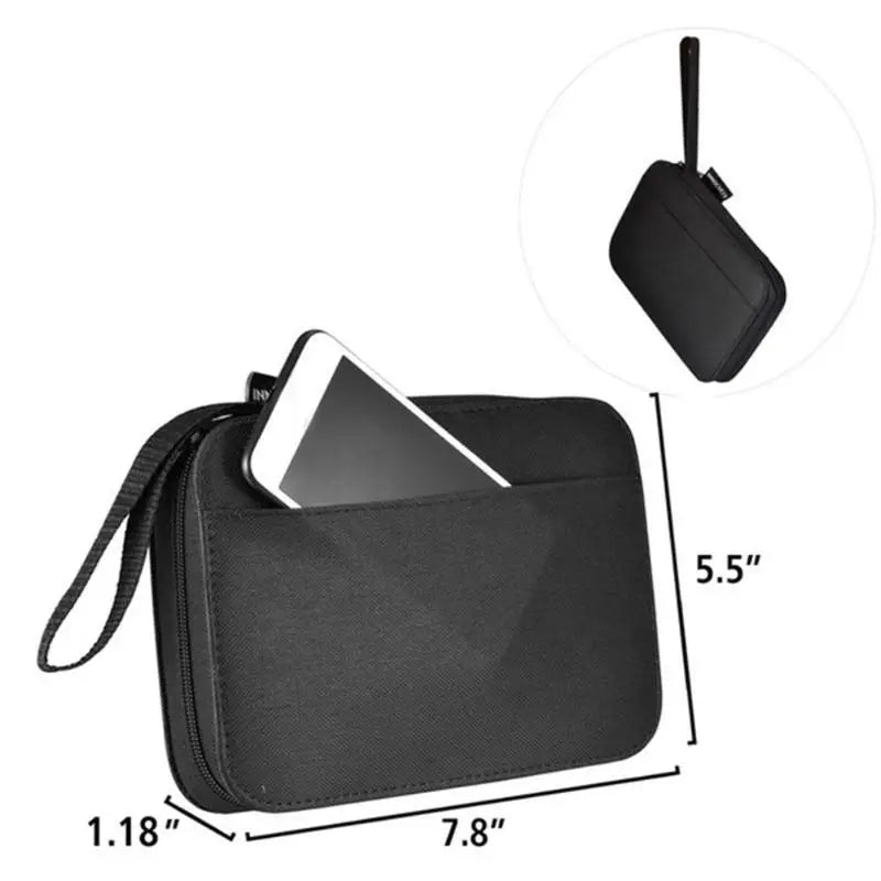 Black multi-function sewing and embroidery kit with a storage pouch and a separate tool.