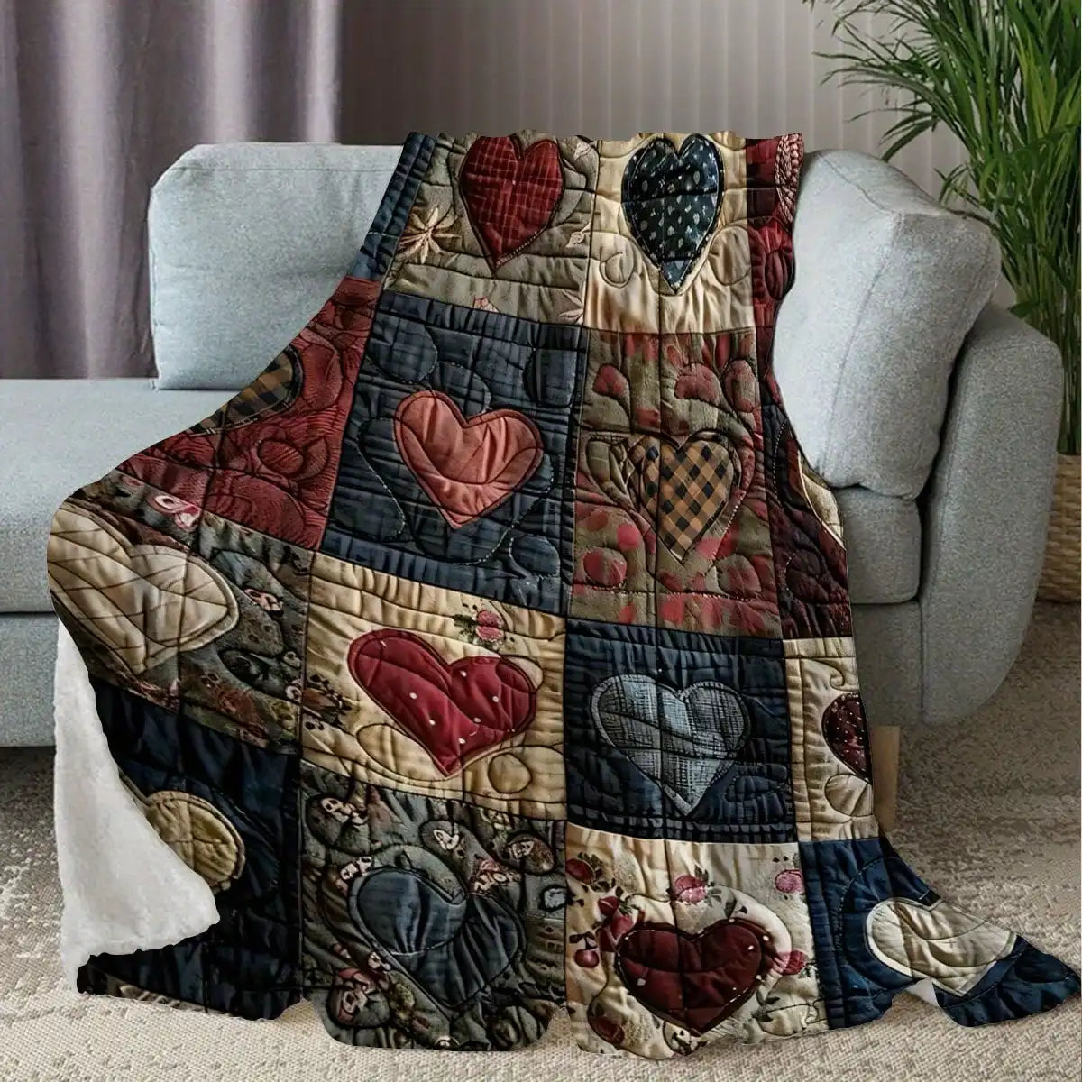 A quilted flannel throw blanket featuring a pattern of various heart shapes in red, black, and gray tones.