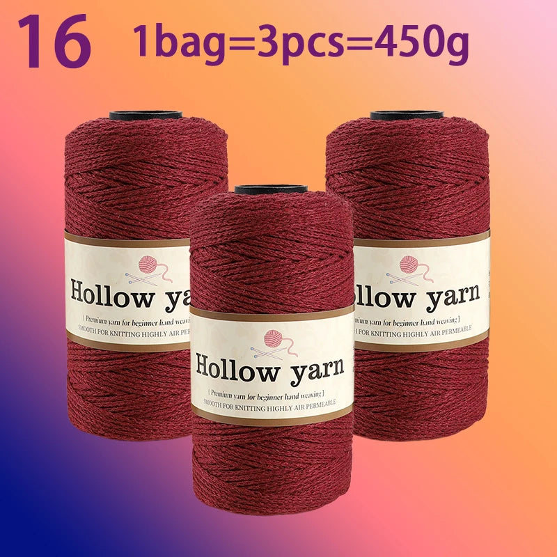 Three spools of Hollow yarn, each containing 16 skeins, totaling 450g for knitting and crochet.