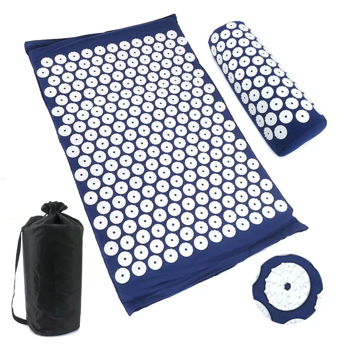 A set of dark blue acupressure relief mat, pillow, and a separate mat piece.