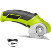 A bright lime green and black cordless electric rotary cutter with a silver blade attachment.