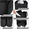 Black fabric organizer featuring a phone bag, credit card and cash bag, adjustable size, and waterproof fabric.