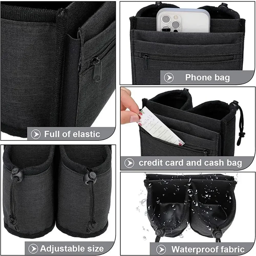 Black fabric organizer featuring a phone bag, credit card and cash bag, adjustable size, and waterproof fabric.