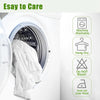 A white ruffled bed skirt is shown inside a washing machine, with icons indicating care instructions.