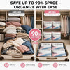 Vacuum storage bags used to organize clothing and bedding, showing before and after space-saving results.