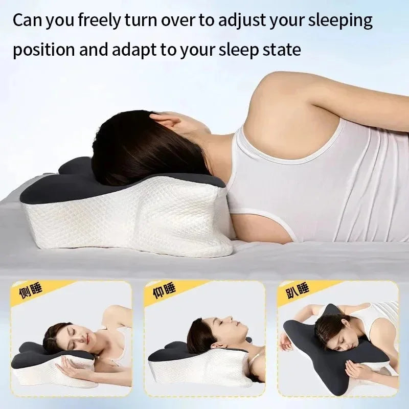A person adjusts their sleeping position using a cooling butterfly memory foam pillow with neck support.