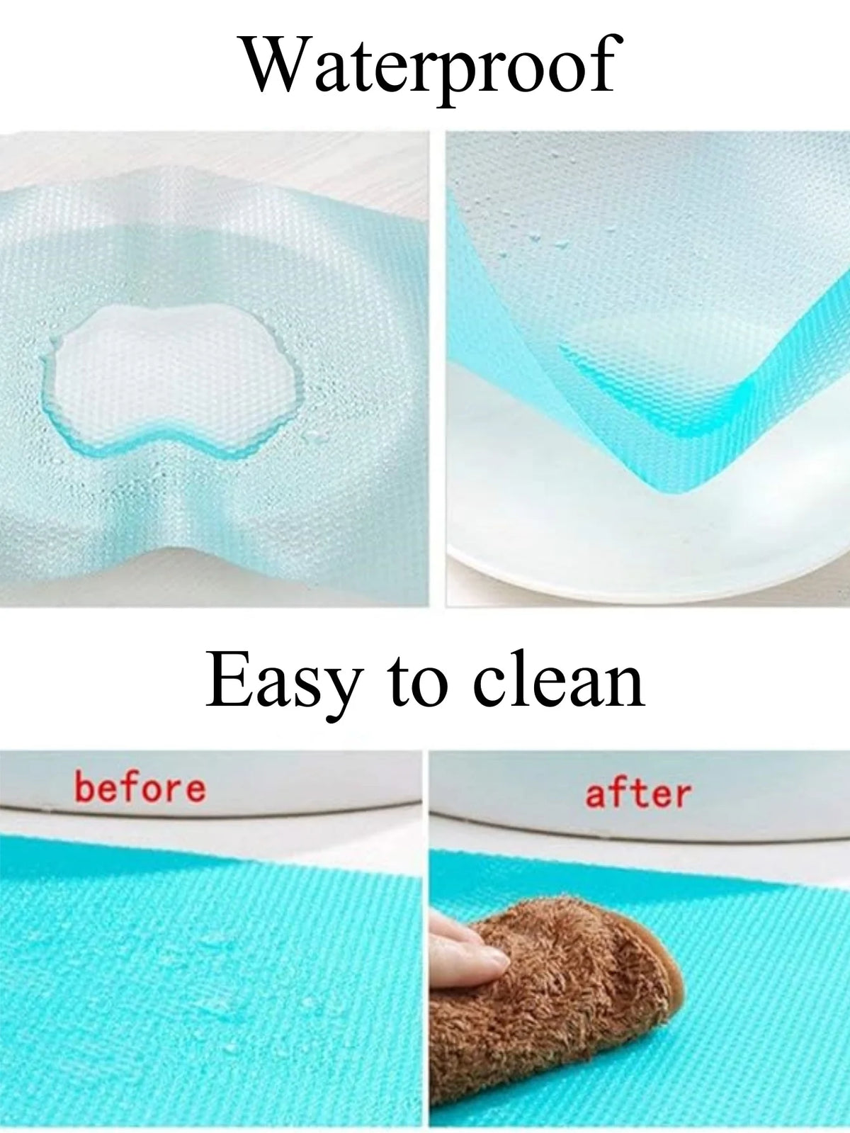 Reusable silicone fridge and drawer liners showing waterproof features and ease of cleaning before and after use.