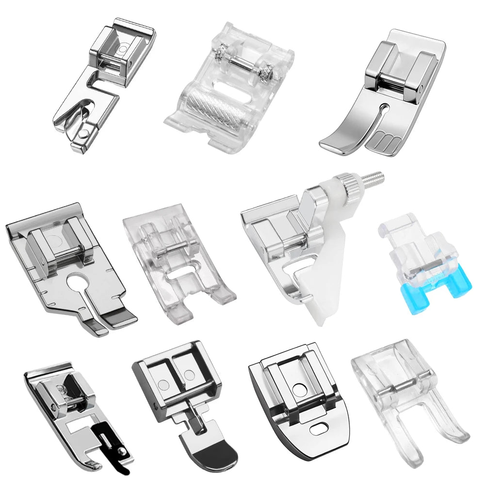 A collection of various multi-use presser foot attachments for sewing machines shown in different angles and configurations.