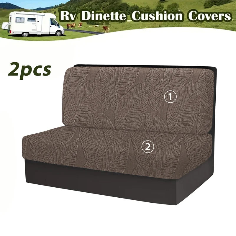 Two brown stretchable cushion covers for an RV dinette with anti-slip backing