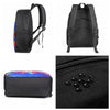 Black durable student backpack with a colorful accent, shown from the front and a close-up of the fabric.