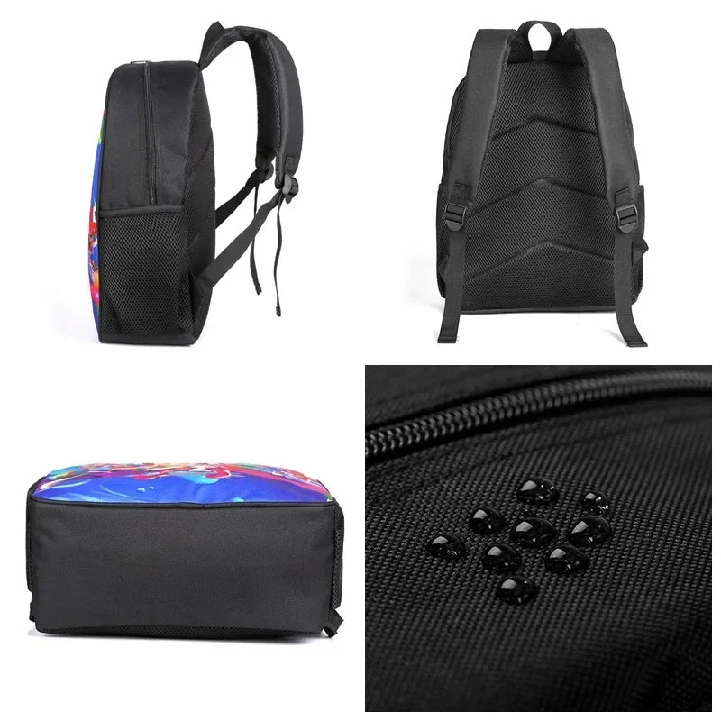 Black durable student backpack with a colorful accent, shown from the front and a close-up of the fabric.