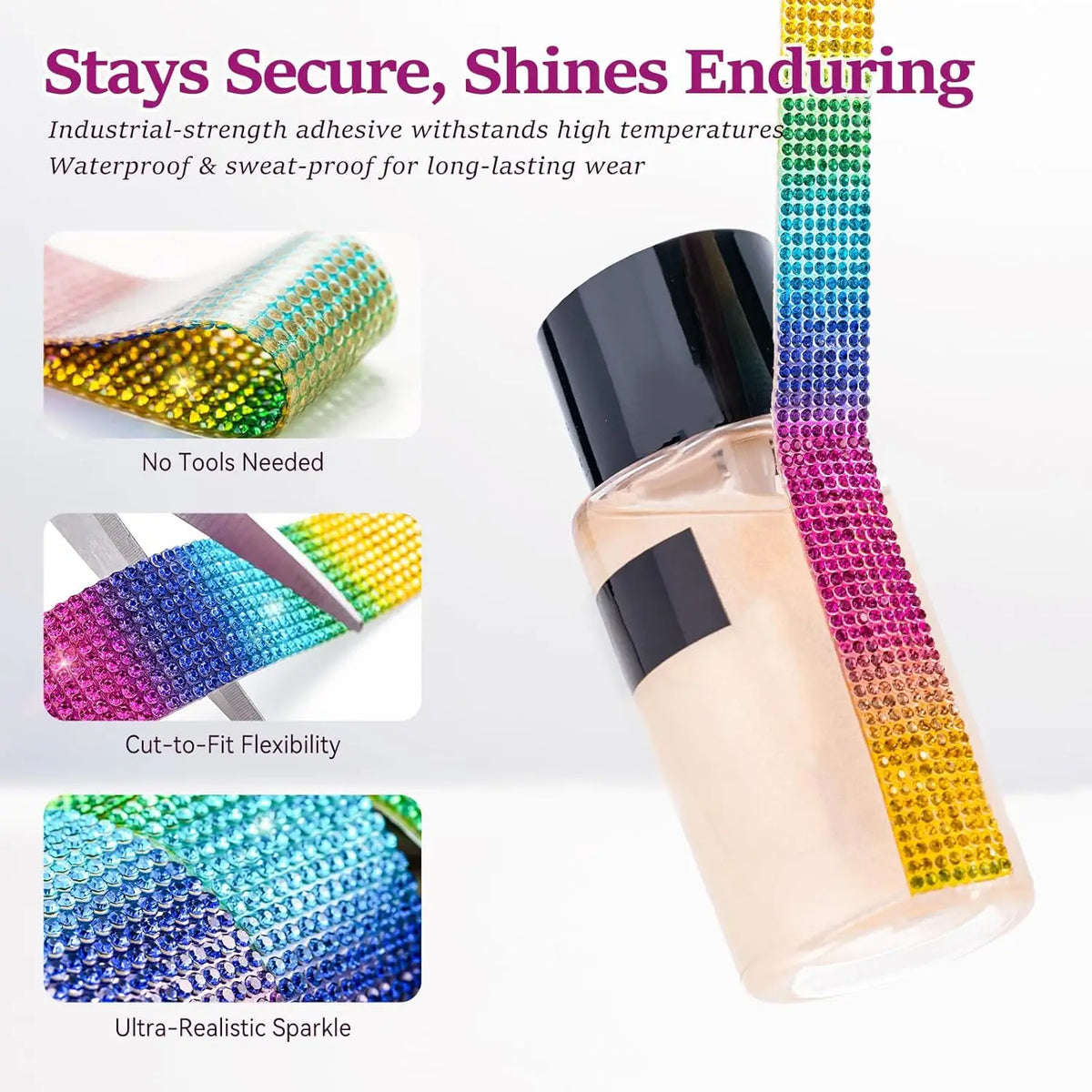 A bottle of pink liquid with a long, iridescent crystal rhinestone ribbon attached to the neck.