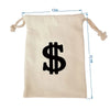 A beige drawstring cotton gift bag featuring a black dollar sign symbol.