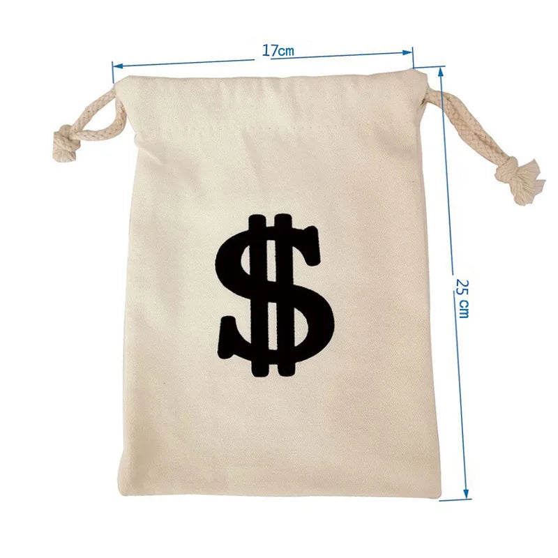 A beige drawstring cotton gift bag featuring a black dollar sign symbol.