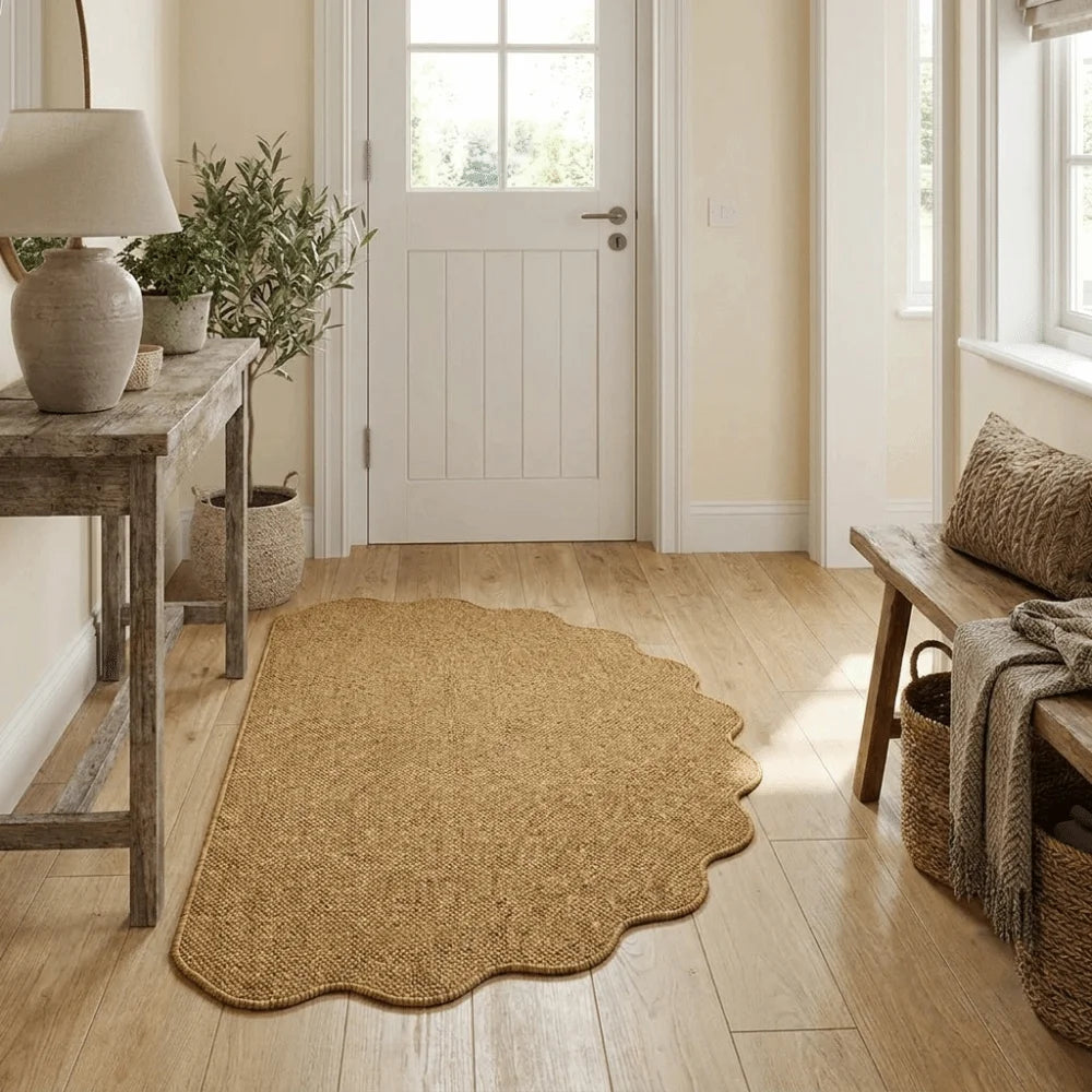 A natural jute non-slip entrance door mat placed on a light wood floor next to a white door and wooden furniture.