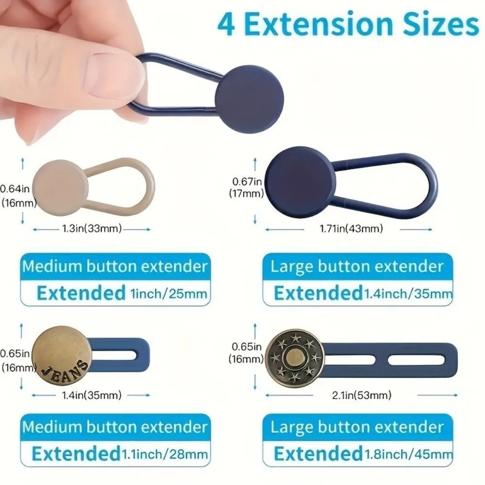 Four sizes of metal button extenders shown with a hand, demonstrating various extension lengths.