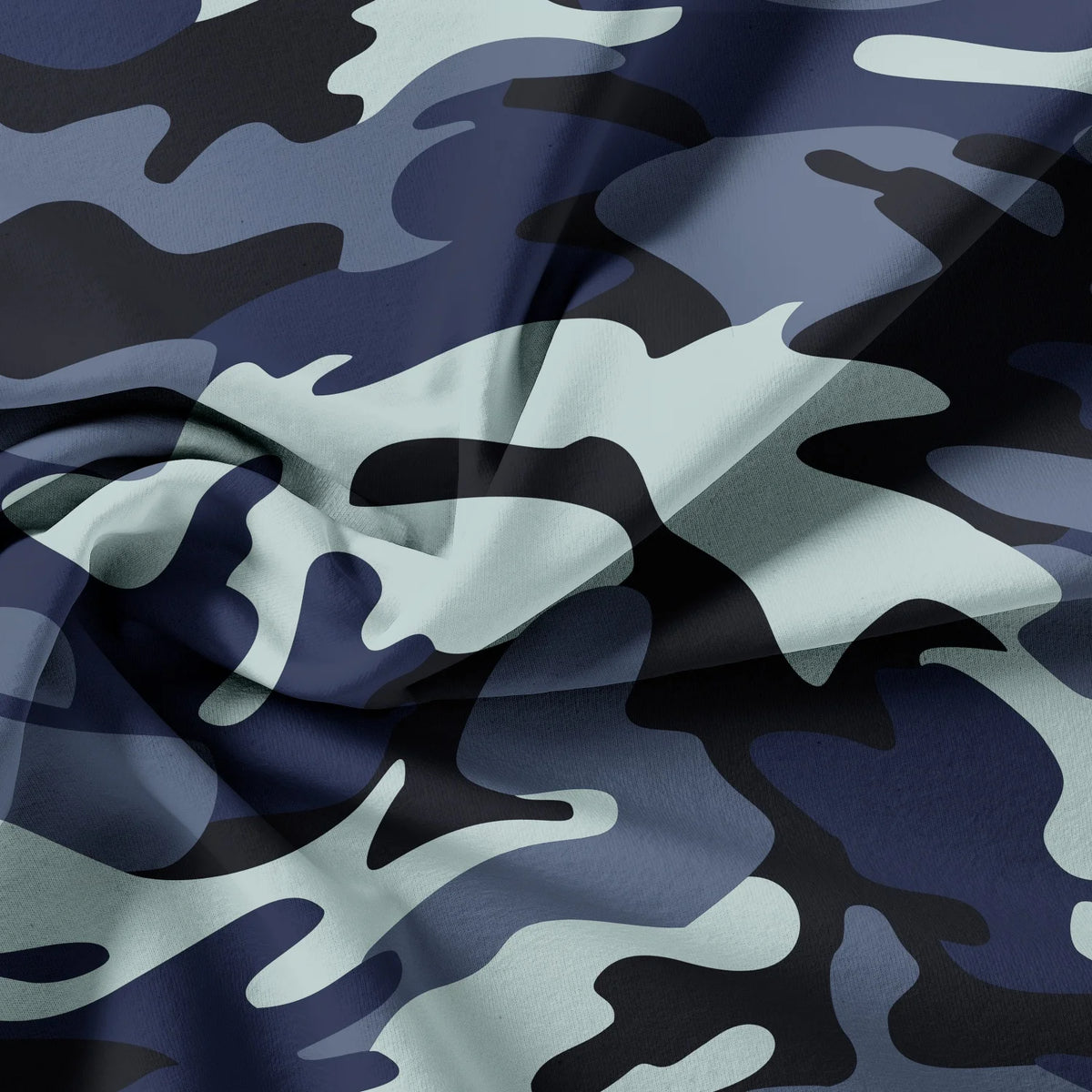 A close-up of a dark blue and gray camouflage fabric texture.