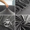 Close-up shots of a dark gray velvet sofa cover fabric showing texture and drape.