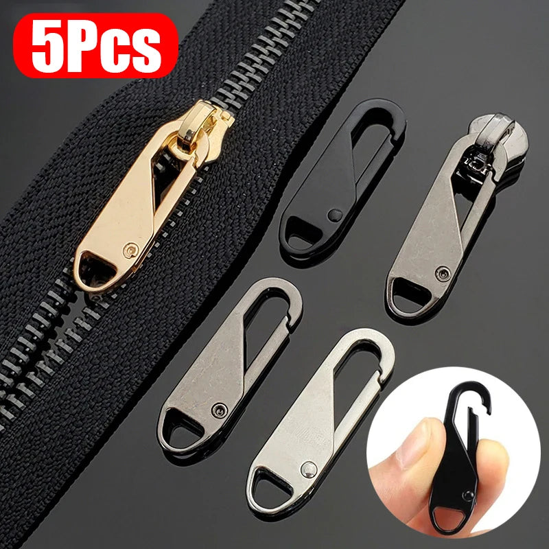 A set of five metal zipper slider pullers and a black zipper tape are shown for repair or replacement.