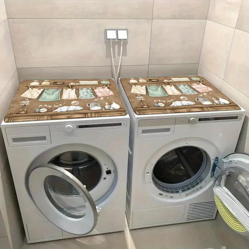 A pair of white vintage laundry appliances with wooden covers are displayed in a light-colored room.