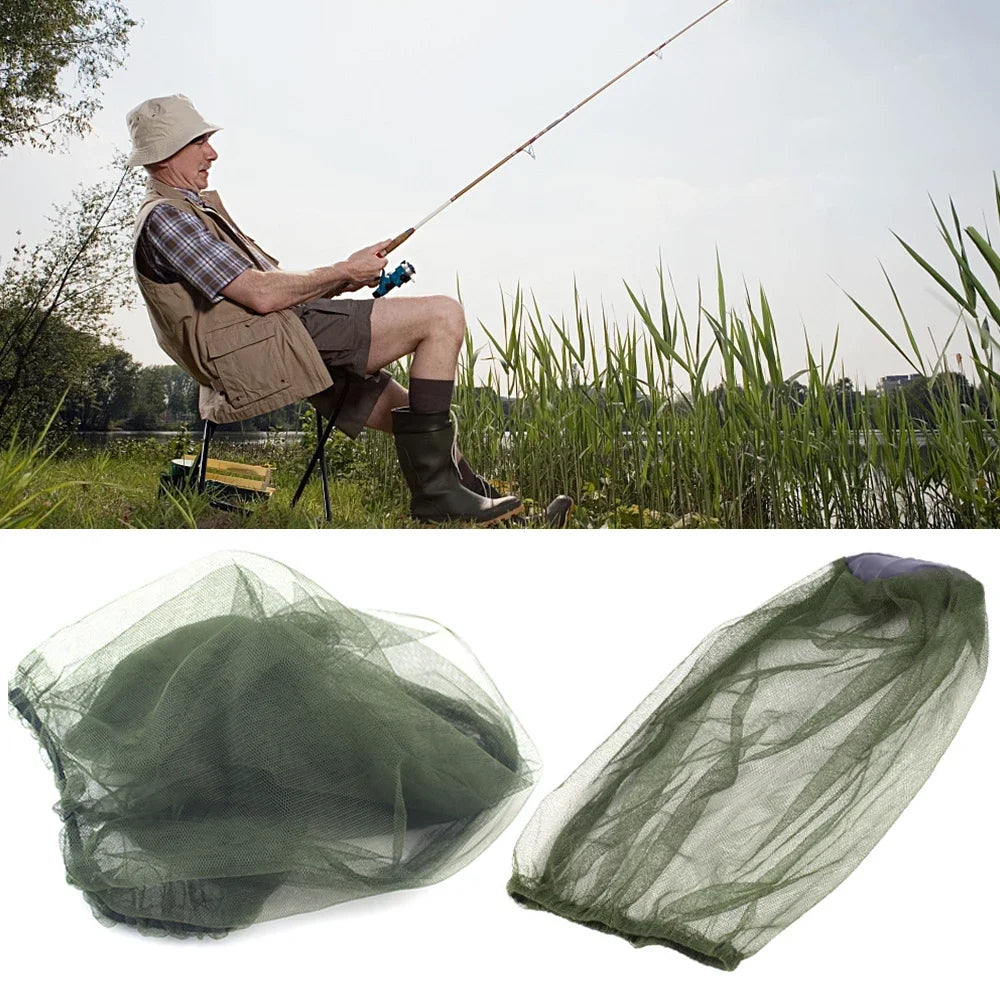 A mesh mosquito protection fishing hat is shown in two views.
