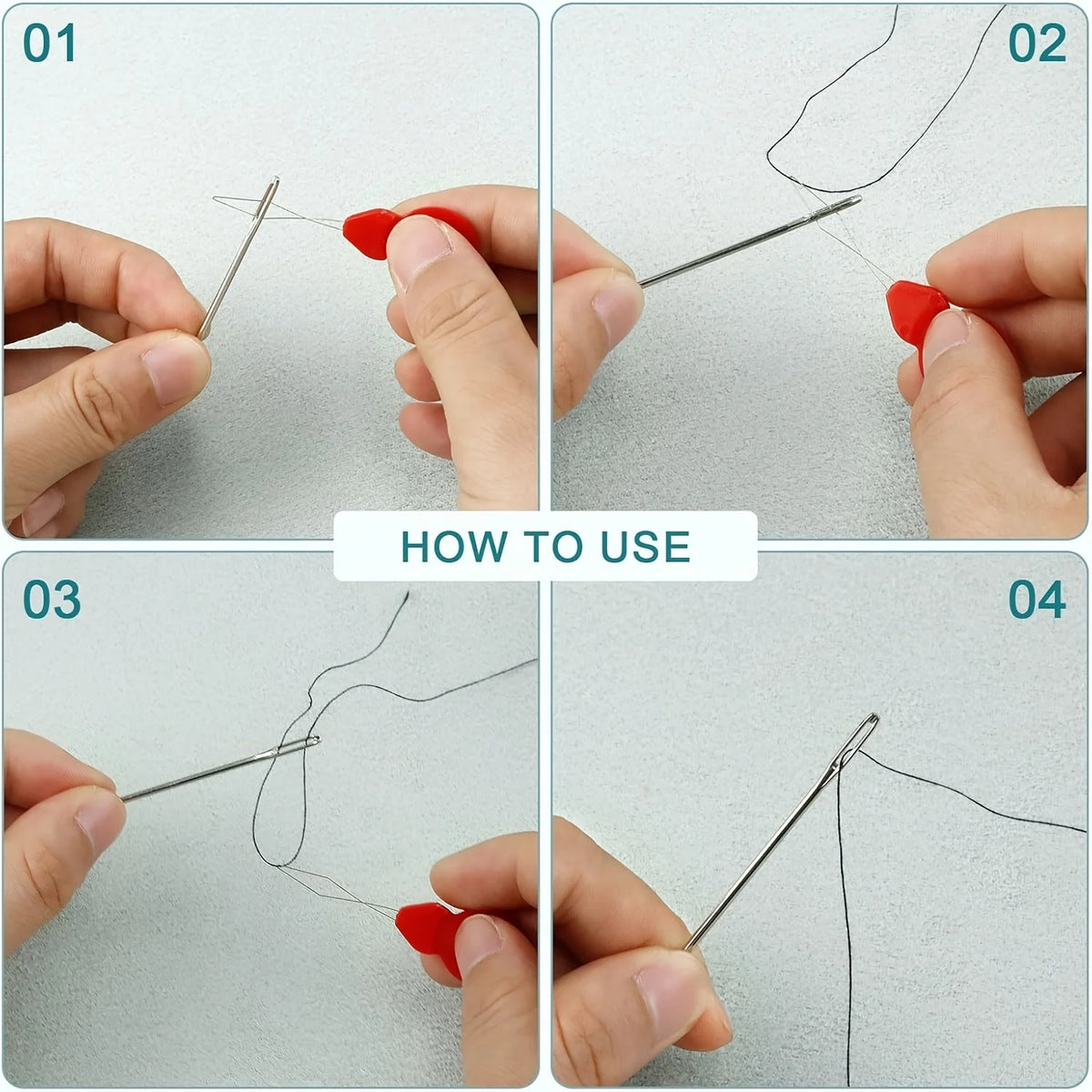Four steps demonstrating how to use a set of stainless steel sewing needles for a task.
