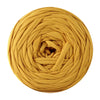 A ball of golden yellow soft T-shirt yarn used for crochet