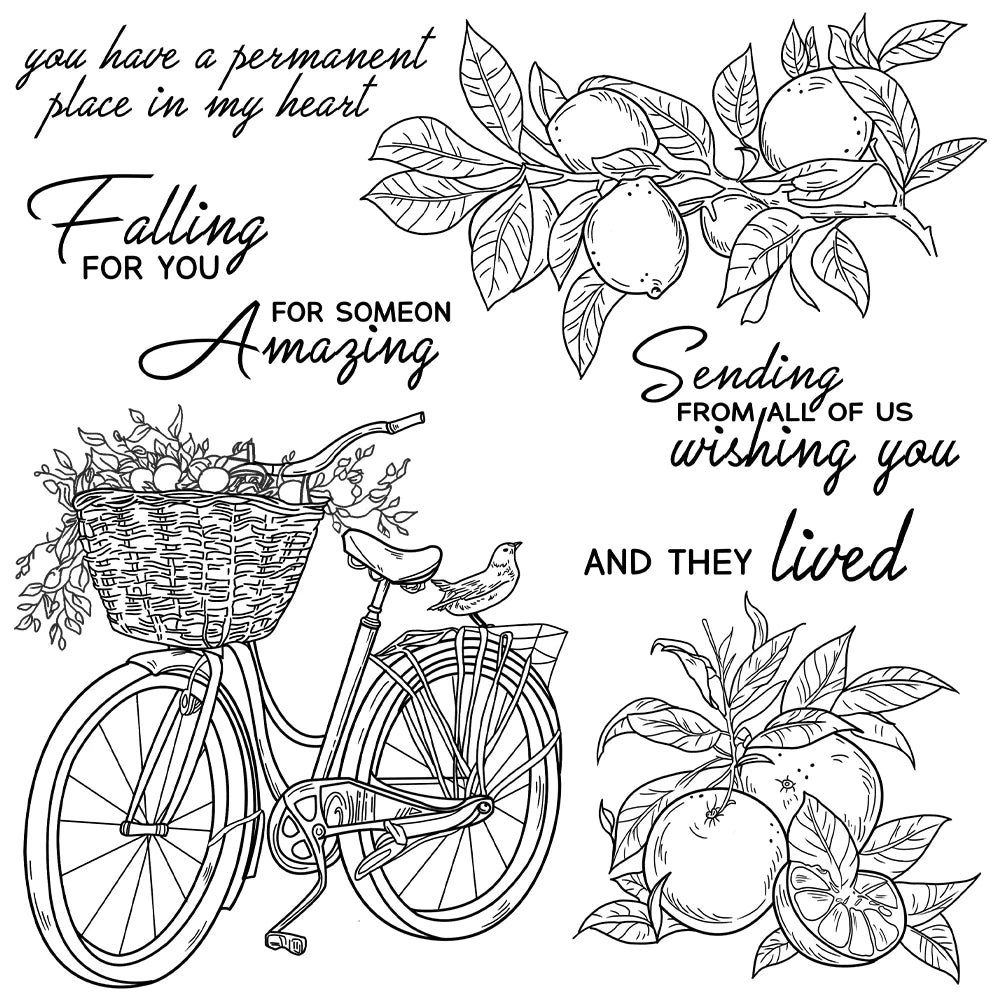 A black and white line drawing featuring text messages, a woven basket, and a bicycle with fruit and flower motifs.