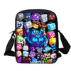 A colorful cartoon kids backpack set featuring a main bag and matching shoulder bag with various character designs.