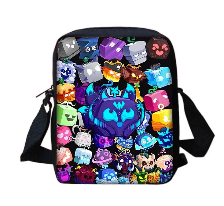 A colorful cartoon school backpack set featuring various character-themed pouches and a main bag.