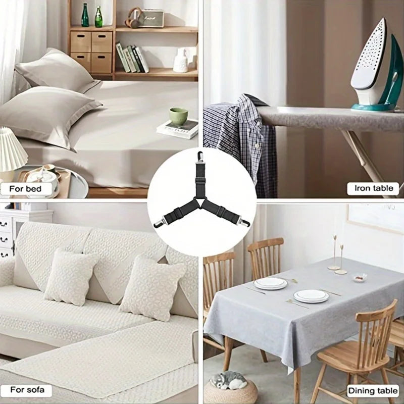 Adjustable sheet corner grippers with elastic straps shown for bed, sofa, and dining table.