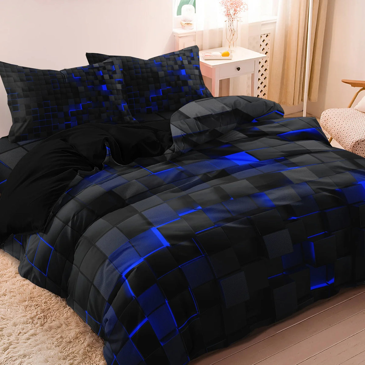 Black duvet cover with a geometric grid print and blue LED lighting displayed on a bed.