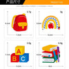 A set of iron-on decorative patches including a red backpack, a rainbow, and letter patches A, B, and C.