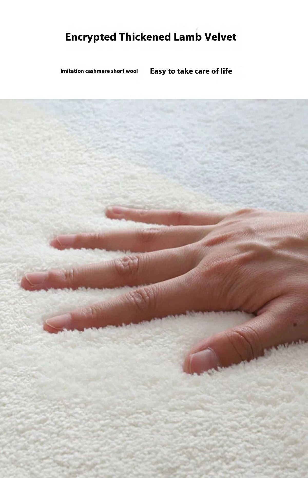 A hand is gently touching a fluffy white rug or textile surface.