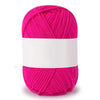 A skein of bright pink soft milk cotton knitting yarn with a white band around the middle.