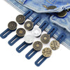 A pack of five blue and gold adjustable buttons used for pant waistband extenders