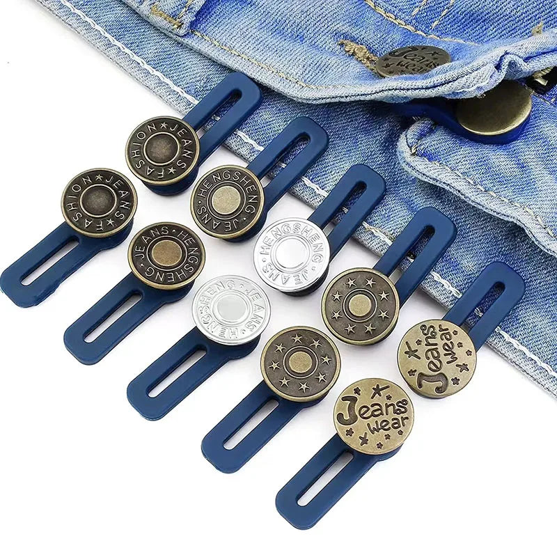 A pack of five blue and gold adjustable buttons used for pant waistband extenders