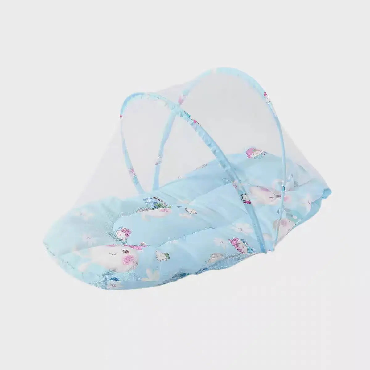Light blue foldable baby mosquito net sleeping tent with pink floral patterns