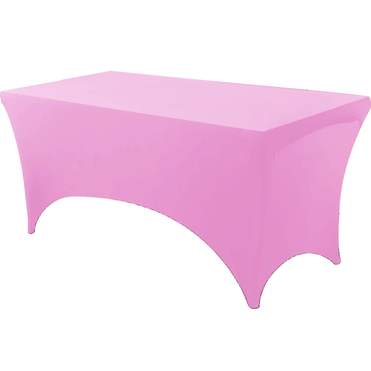 A bright pink stretch tablecloth set used for dining and event decor.